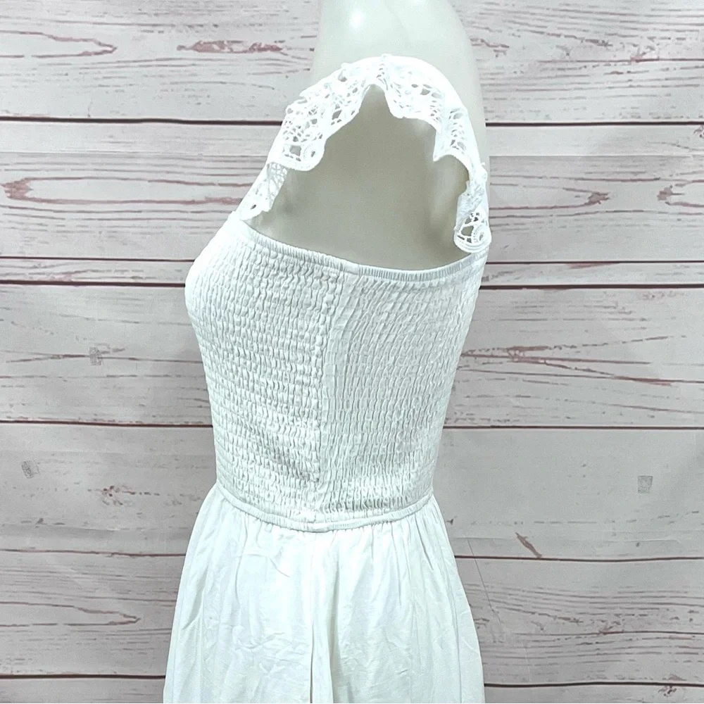 NWT White Eyelet Lace Flutter Wing Sleeve Smocked Top Pocket Maxi Dress